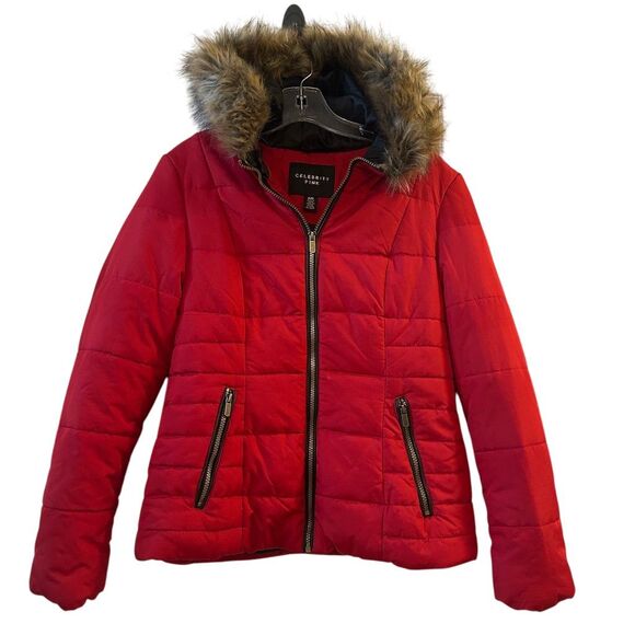 Celebrity Pink Juniors Red Puffer Jacket Faux-Fur Hood Size M - Picture 1 of 14